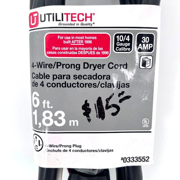 Utilitech 4-Wire Prong Plug Dryer Power Cord 6 Ft 10/4 SRDT Gauge 30 AMP New - Picture 5 of 9